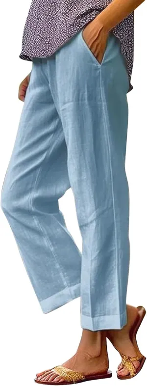 Linen Pants for Women 2025 High Waisted Wide Leg Trousers Trendy Solid Striped Elastic Waist Summer Gauze Capri Pants