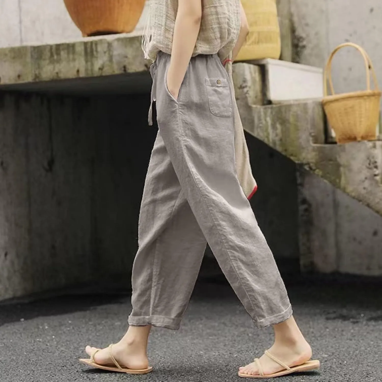 Linen Pants for Women 2025 Summer Straight Leg High Waist Elastic Lounge Pant Casual Baggy Lightweight Beach Trousers
