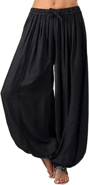 Linen Pants for Women Casual Baggy Baggy Waist Harem Pants with Pockets Solid Sweatpants Palazzo Pants for Women