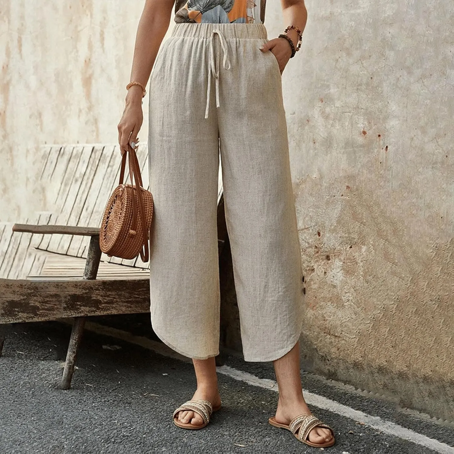 Linen Pants for Women Casual High Waisted Drawstring Harem Pants Summer Cropped Lounge Trousers with Pockets
