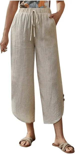 Linen Pants for Women Casual High Waisted Drawstring Harem Pants Summer Cropped Lounge Trousers with Pockets
