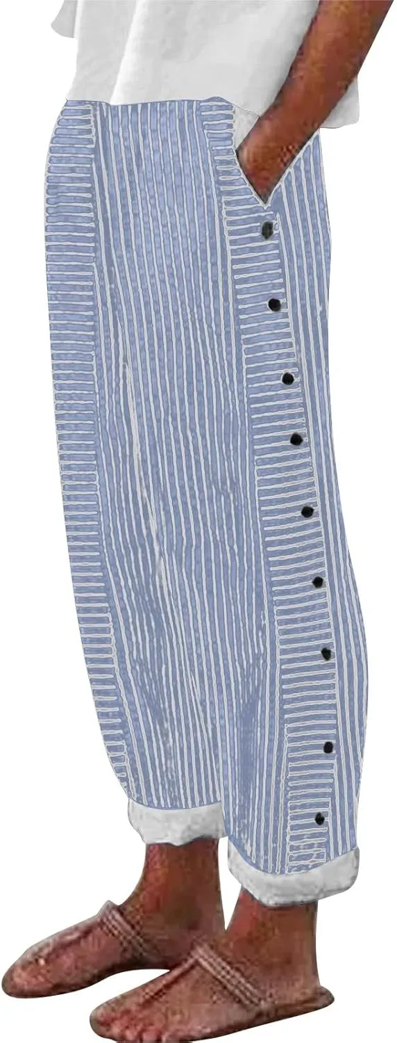 Linen Pants for Women Plus Size Trendy Striped Spring Summer Gauze Pants 2025 Casual Elastic Waist Comfy Trousers