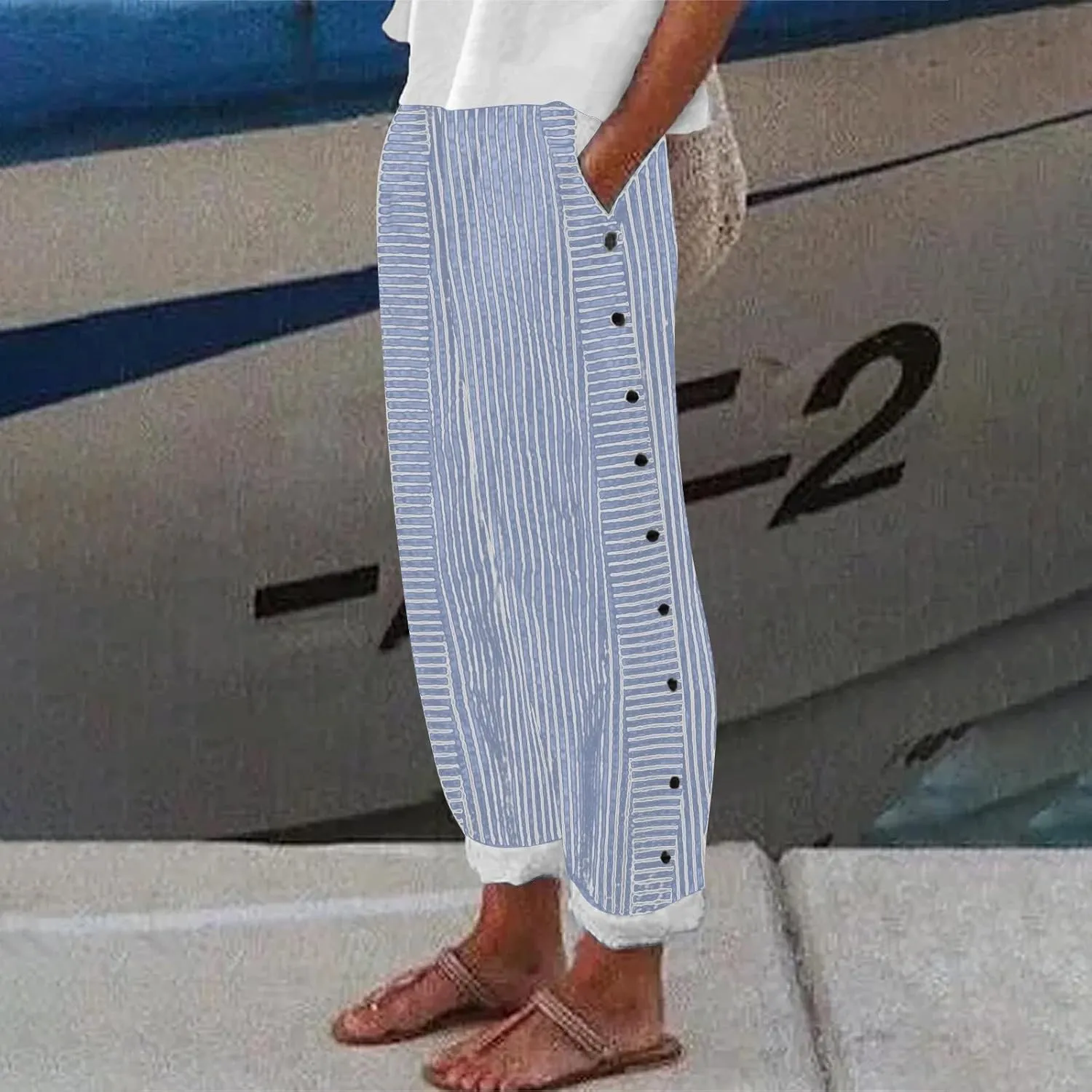 Linen Pants for Women Plus Size Trendy Striped Spring Summer Gauze Pants 2025 Casual Elastic Waist Comfy Trousers