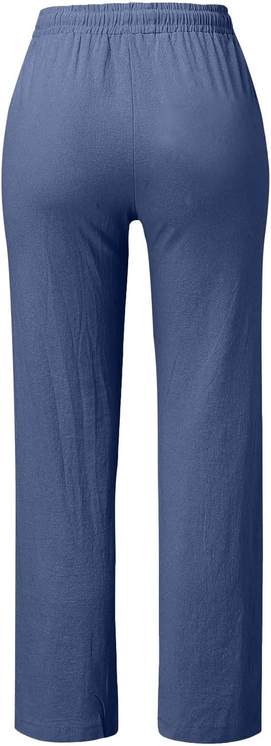 Linen Pants for Women Summer Drawstring Pockets Wide Leg Loose Casual Cotton Linen Palazzo Pants Beach Yoga Pant