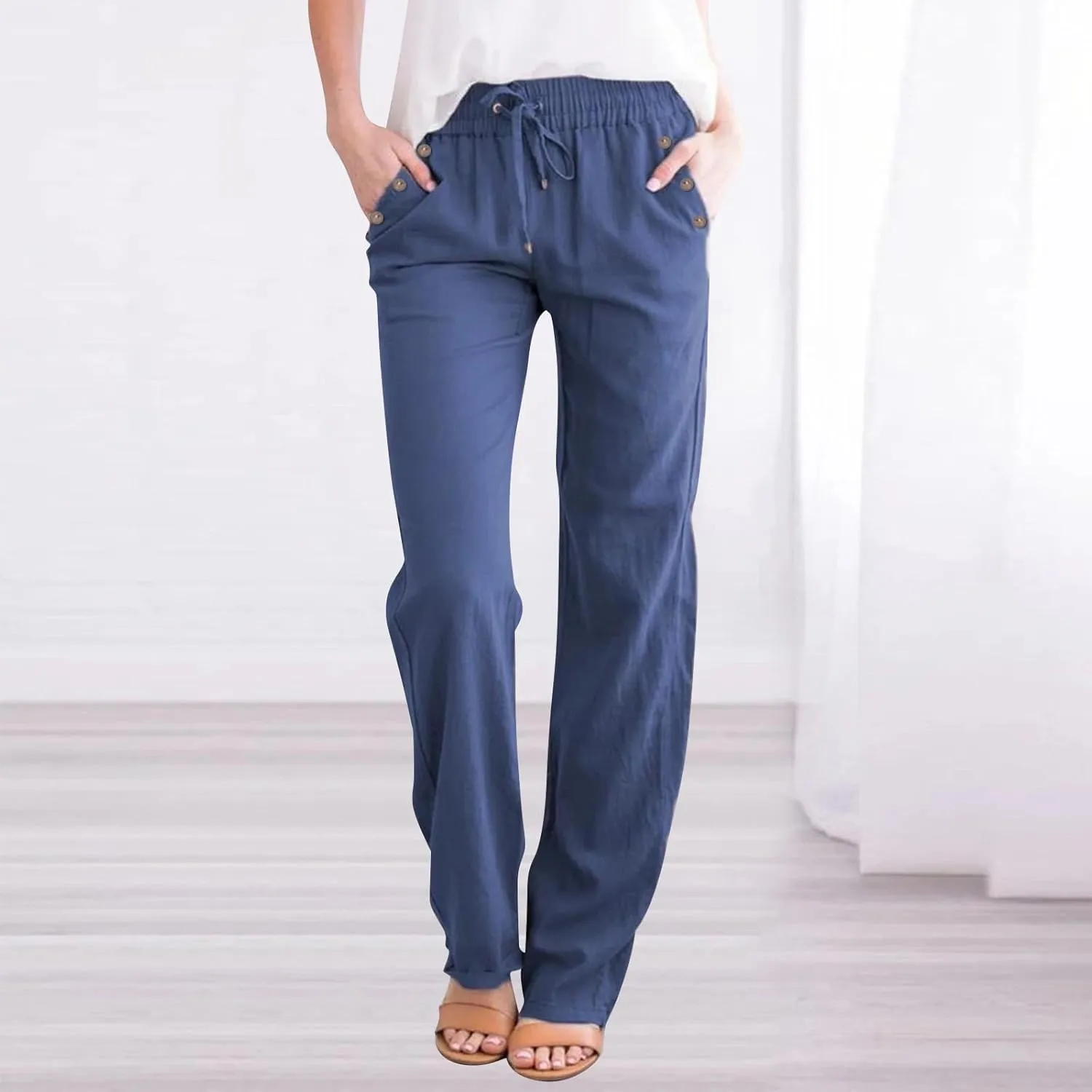 Linen Pants for Women Summer Drawstring Pockets Wide Leg Loose Casual Cotton Linen Palazzo Pants Beach Yoga Pant