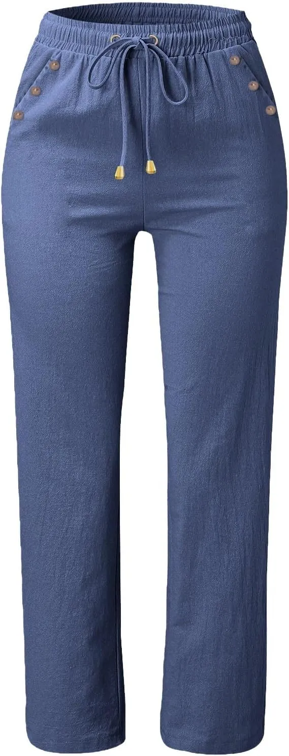 Linen Pants for Women Summer Drawstring Pockets Wide Leg Loose Casual Cotton Linen Palazzo Pants Beach Yoga Pant