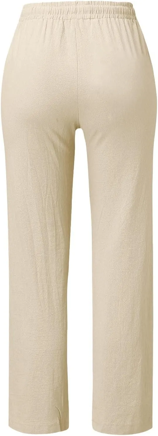 Linen Pants for Women Summer Drawstring Pockets Wide Leg Loose Casual Cotton Linen Palazzo Pants Beach Yoga Pant