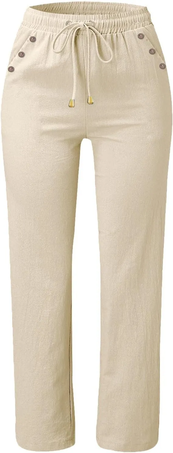 Linen Pants for Women Summer Drawstring Pockets Wide Leg Loose Casual Cotton Linen Palazzo Pants Beach Yoga Pant