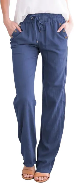 Linen Pants for Women Summer Drawstring Pockets Wide Leg Loose Casual Cotton Linen Palazzo Pants Beach Yoga Pant