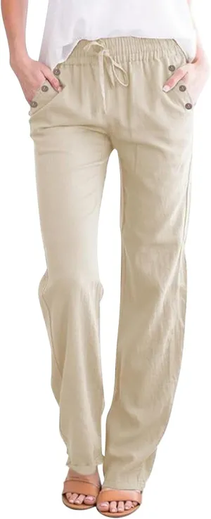 Linen Pants for Women Summer Drawstring Pockets Wide Leg Loose Casual Cotton Linen Palazzo Pants Beach Yoga Pant
