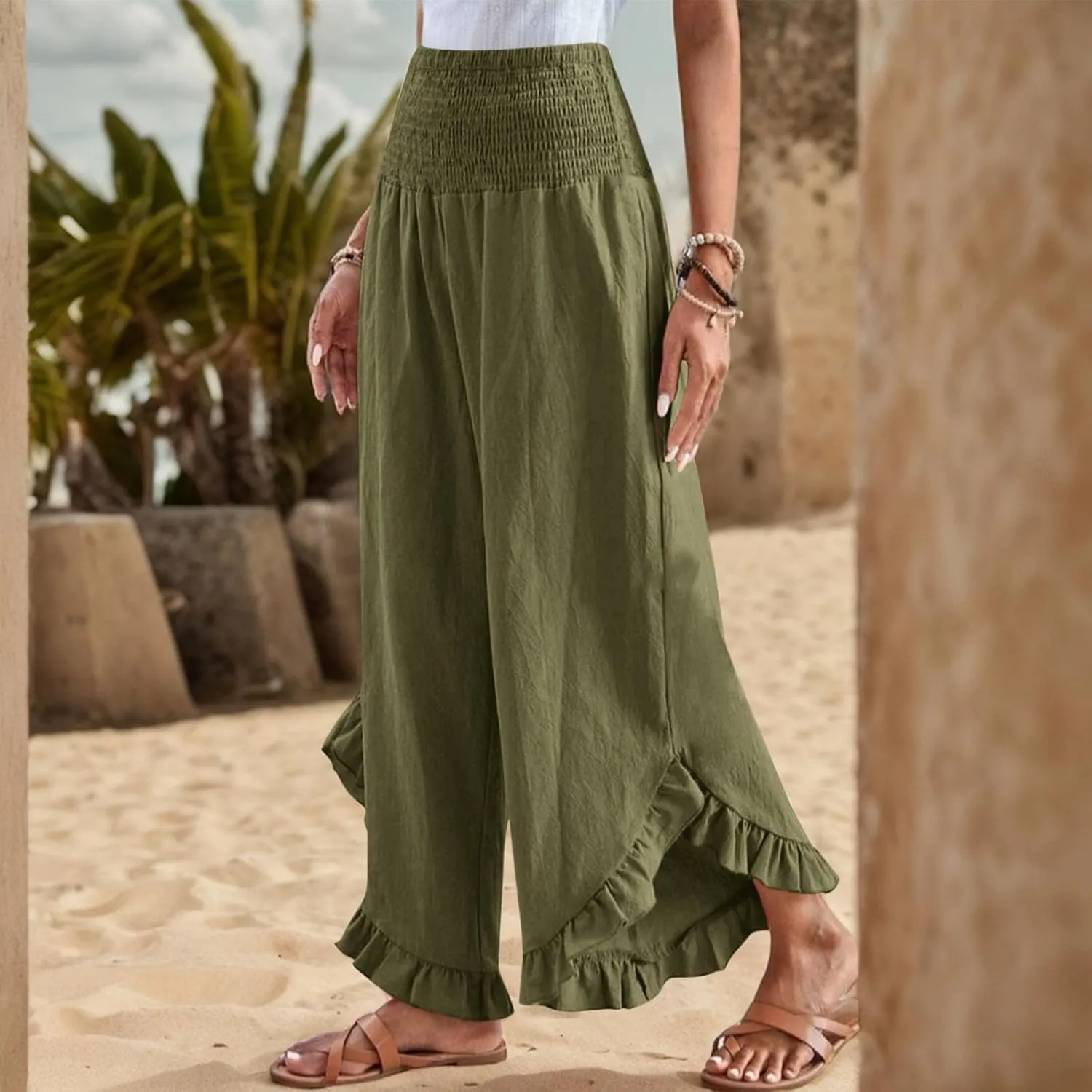 Linen Pants for Women Summer Wide Leg Ruffle Smocked Waist Palazzo Pant Boho Flowy Beach Casual Trouser with Pockets