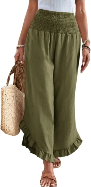Linen Pants for Women Summer Wide Leg Ruffle Smocked Waist Palazzo Pant Boho Flowy Beach Casual Trouser with Pockets