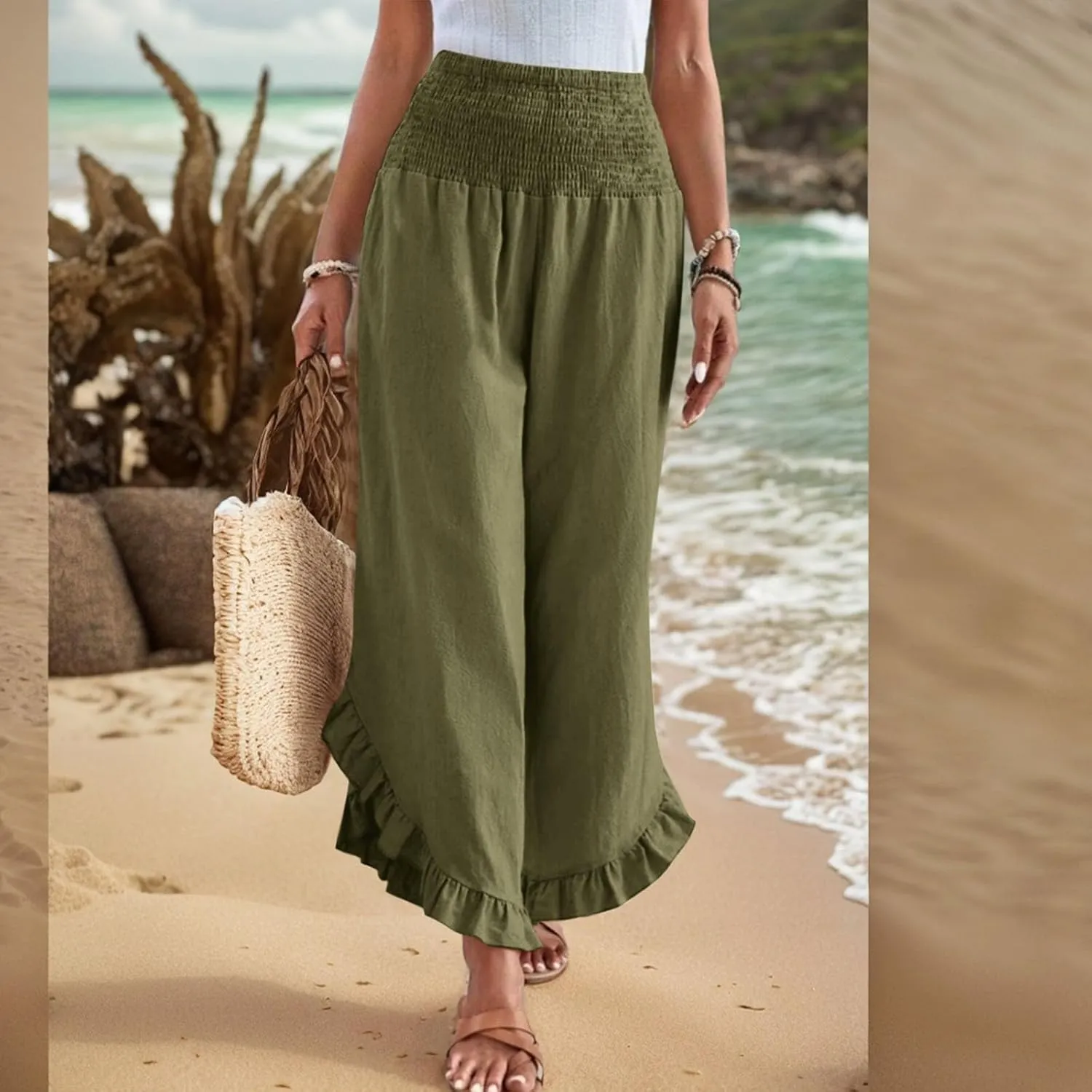 Linen Pants for Women Summer Wide Leg Ruffle Smocked Waist Palazzo Pant Boho Flowy Beach Casual Trouser with Pockets