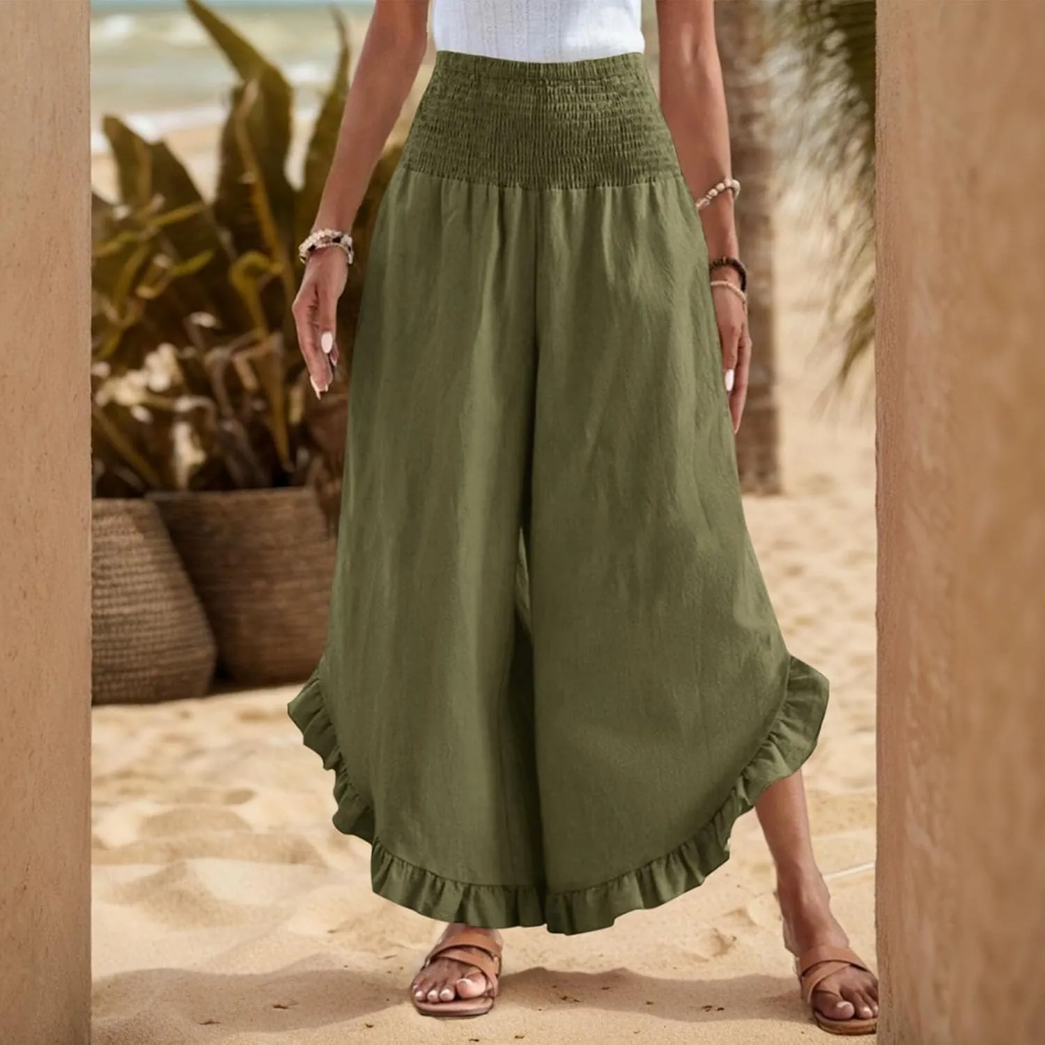 Linen Pants for Women Summer Wide Leg Ruffle Smocked Waist Palazzo Pant Boho Flowy Beach Casual Trouser with Pockets