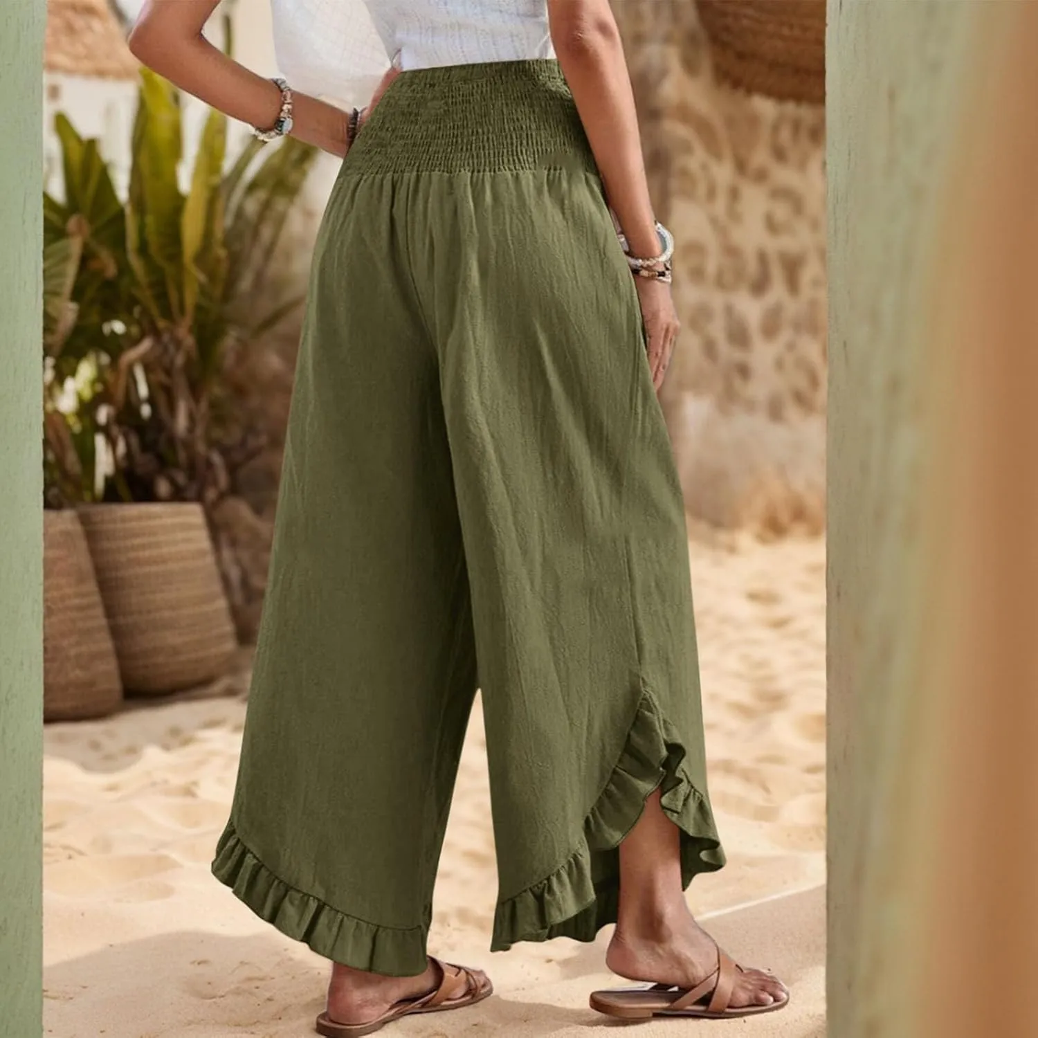 Linen Pants for Women Summer Wide Leg Ruffle Smocked Waist Palazzo Pant Boho Flowy Beach Casual Trouser with Pockets