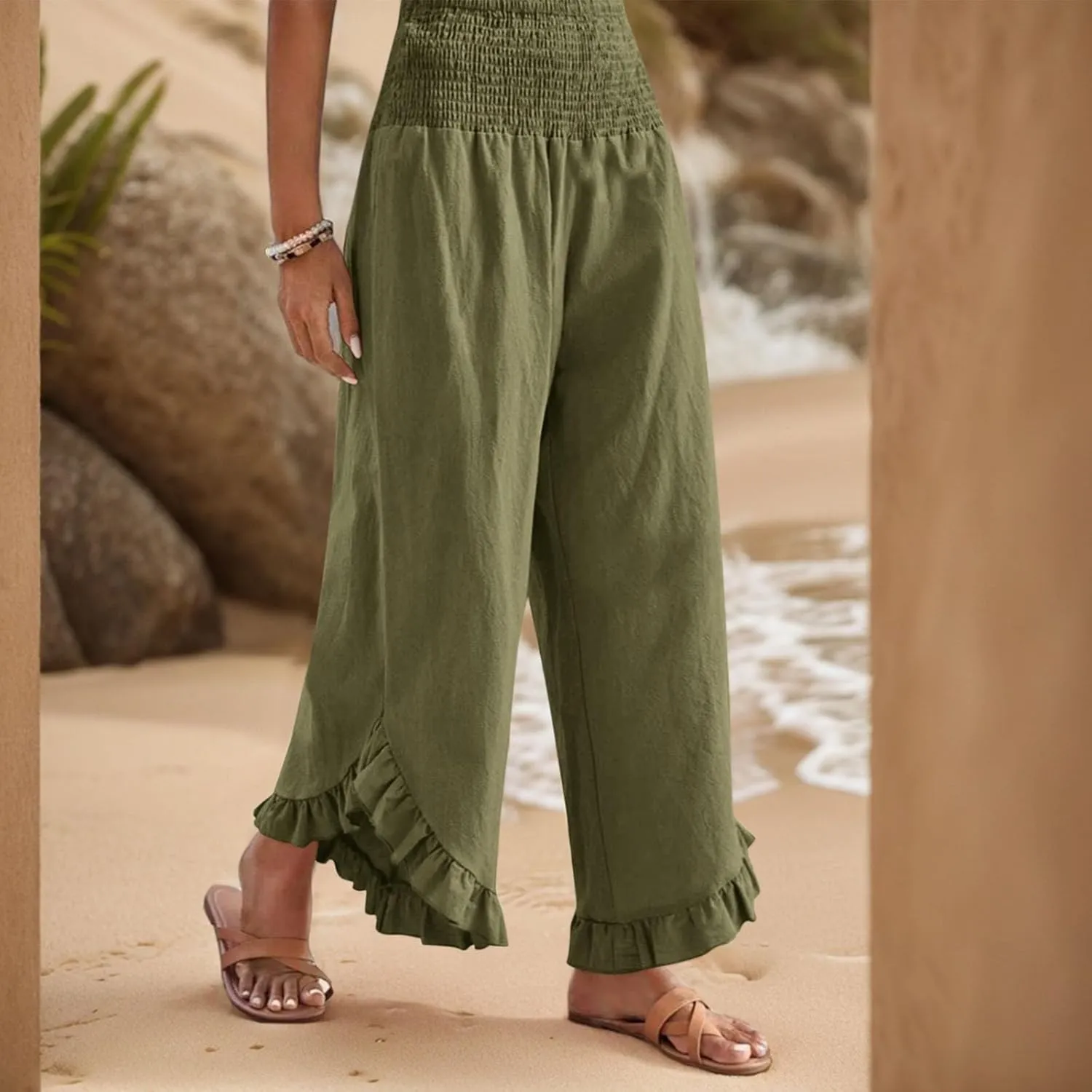 Linen Pants for Women Summer Wide Leg Ruffle Smocked Waist Palazzo Pant Boho Flowy Beach Casual Trouser with Pockets