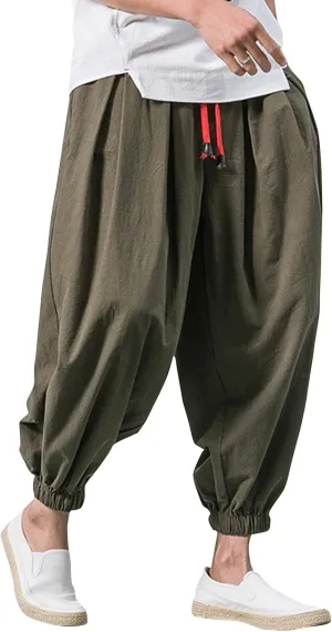 Linen Pants Men Drawstring Waist Elastic Bottom Lounge Pants 2025 Summer Loose Fit Boho Harem Pants Hippie Clothes