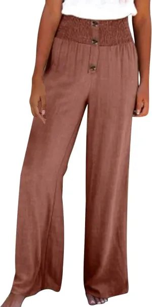 Linen Pants Women Casual High Waist Wide Leg Straight Dress Cotton Linen Pants Button Trousers Linen Loose Beach Pants
