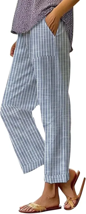 Linen Pants Women Floral Striped Print Elastic Waist Capri Petite Short Capri Summer Casual Dressy Beach Trousers