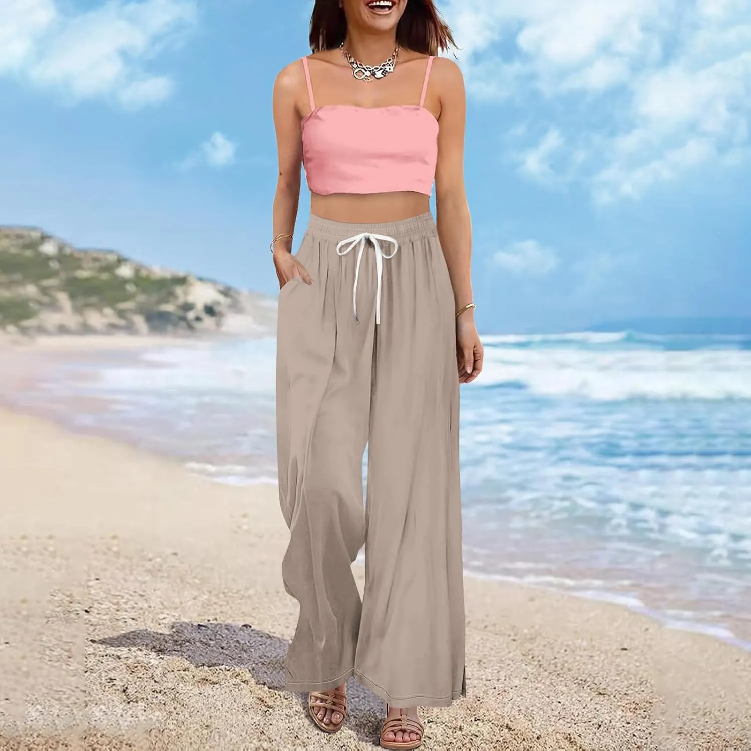 Linen Pants Women High Waisted Wide Leg Pants Drawstring Palazzo Lounge Pant Summer Beach Vacation Trousers