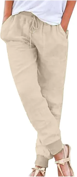 Linen Pants Women Palazzo Pants Petite Dressy Elastic Waist Tapered Leg Summer Casual Jogger Lightweight Trousers