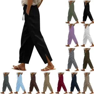 Linen Pants Women Petite 2025 Trendy Slit Wide Leg Beach Pants Casual Loose Fit Lightweight Trousers with Pockets