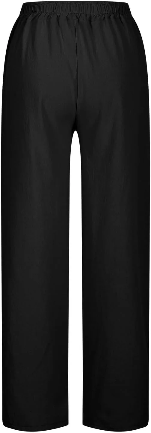Linen Pants Women Petite 2025 Trendy Slit Wide Leg Beach Pants Casual Loose Fit Lightweight Trousers with Pockets