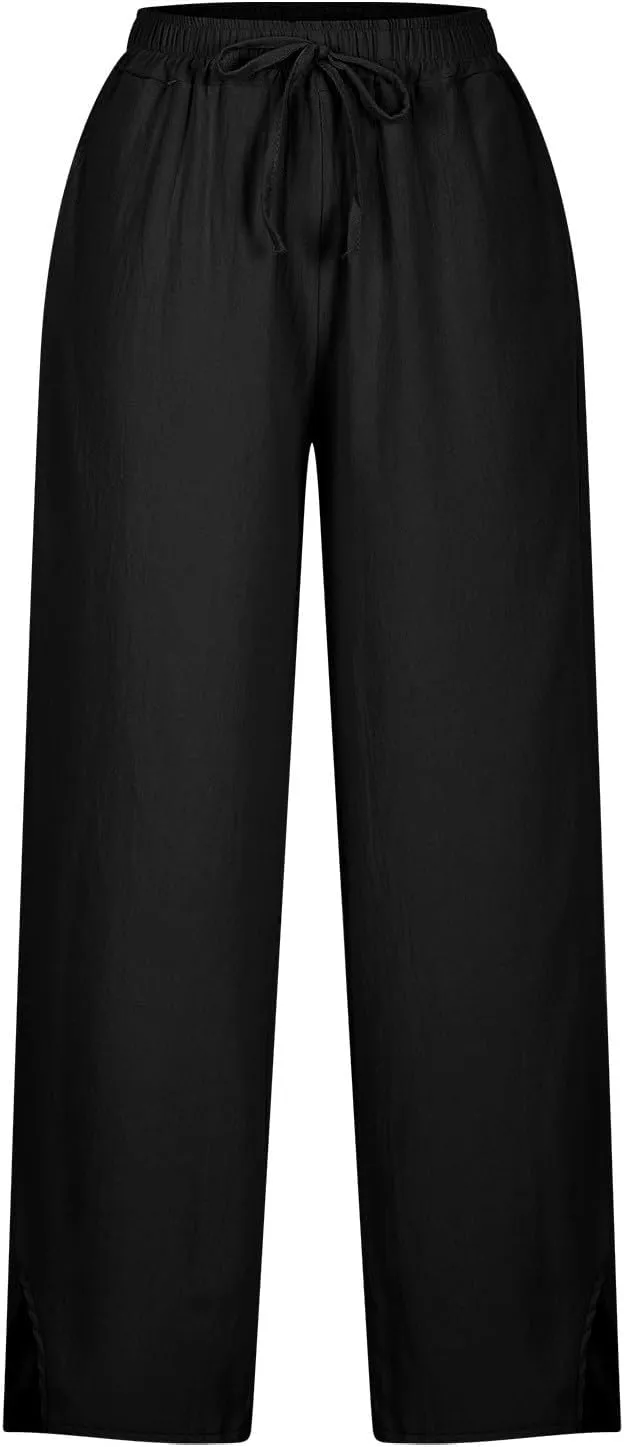 Linen Pants Women Petite 2025 Trendy Slit Wide Leg Beach Pants Casual Loose Fit Lightweight Trousers with Pockets