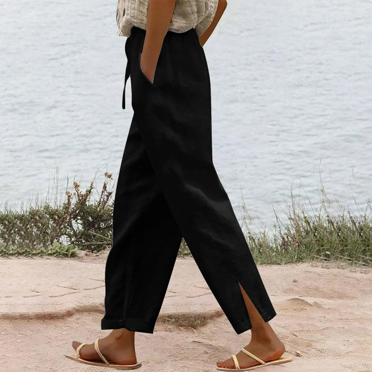 Linen Pants Women Petite 2025 Trendy Slit Wide Leg Beach Pants Casual Loose Fit Lightweight Trousers with Pockets