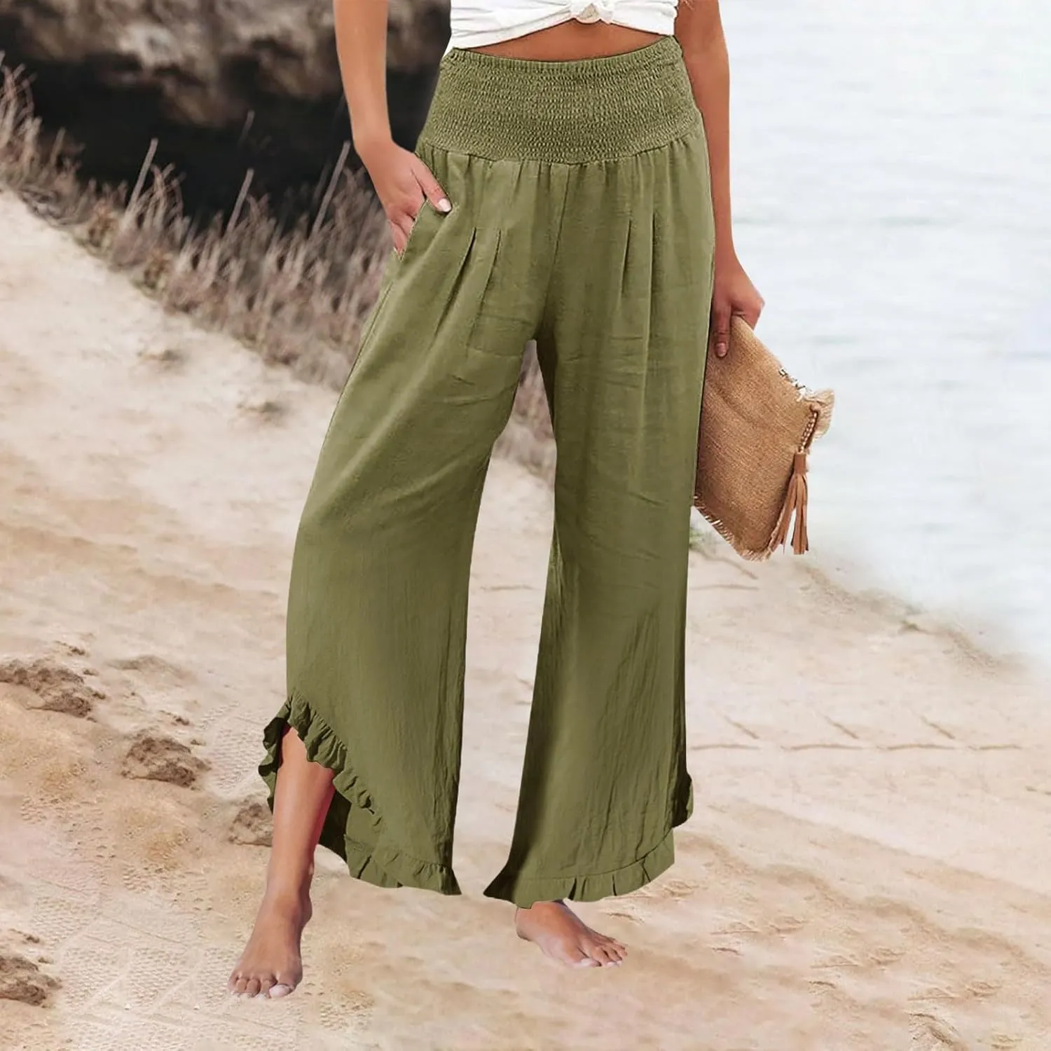 Linen Pants Women Smocked Elastic Waist High Waisted Ruffle Summer Pants with Pockets Casual Flowy Wide Leg Trousers