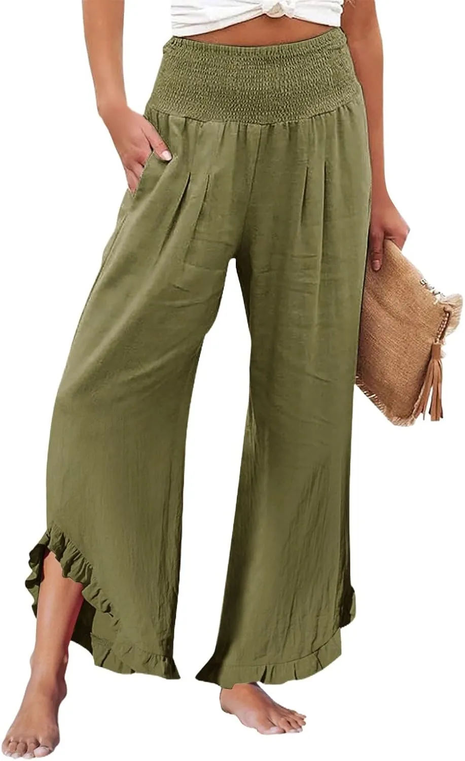 Linen Pants Women Smocked Elastic Waist High Waisted Ruffle Summer Pants with Pockets Casual Flowy Wide Leg Trousers