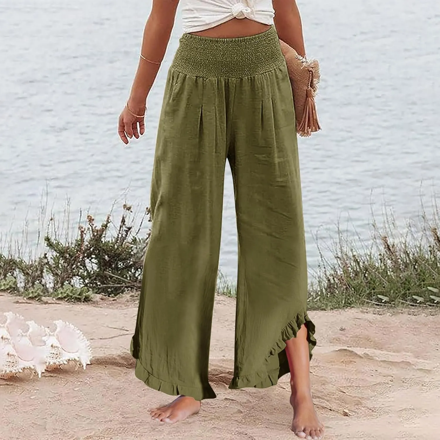 Linen Pants Women Smocked Elastic Waist High Waisted Ruffle Summer Pants with Pockets Casual Flowy Wide Leg Trousers
