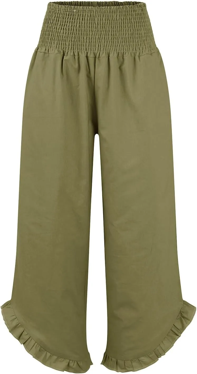 Linen Pants Women Smocked Elastic Waist High Waisted Ruffle Summer Pants with Pockets Casual Flowy Wide Leg Trousers