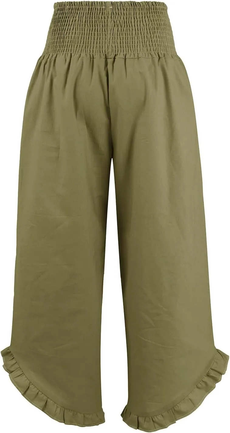 Linen Pants Women Smocked Elastic Waist High Waisted Ruffle Summer Pants with Pockets Casual Flowy Wide Leg Trousers