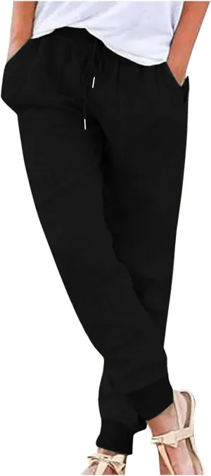 Linen Pants Women Summer Drawstring Elastic Waist Tapered Leg Pants Cotton Linen Jogger Beach Trousers with Pockets