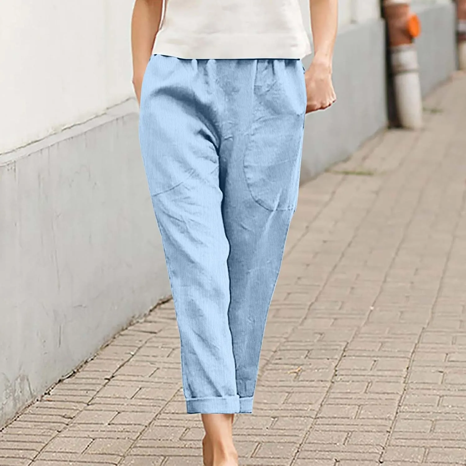 Linen Pants Women Summer Hight Waist Casual Pants Comfy Pull On Straight Leg Trousers with Pockets Trendy Lounge Pants