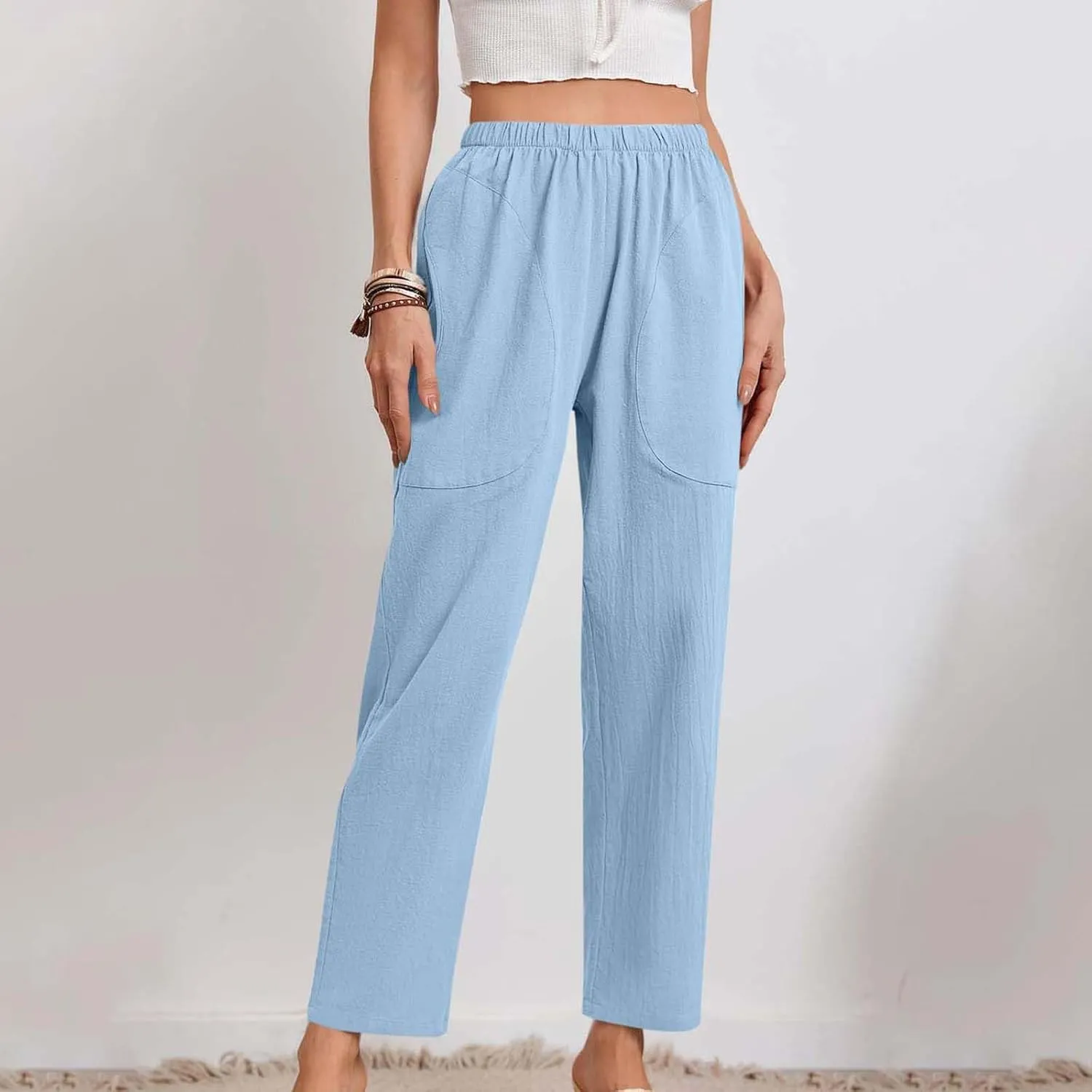 Linen Pants Women Summer Hight Waist Casual Pants Comfy Pull On Straight Leg Trousers with Pockets Trendy Lounge Pants