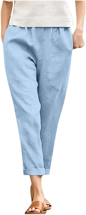 Linen Pants Women Summer Hight Waist Casual Pants Comfy Pull On Straight Leg Trousers with Pockets Trendy Lounge Pants