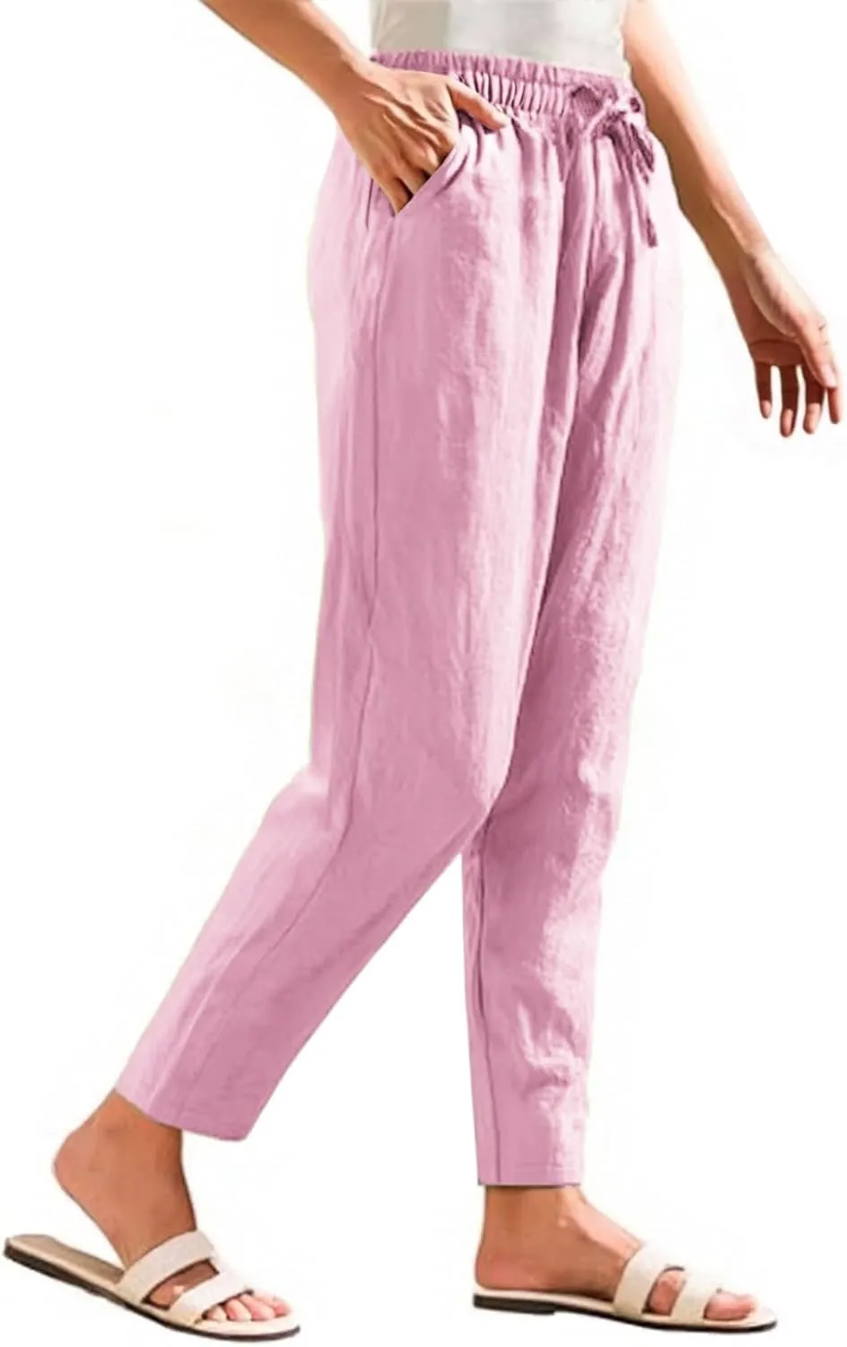 Linen Pants Women Summer Straight Leg Drawstring Palazzo Pants High Elastic Waist Trousers with Pockets