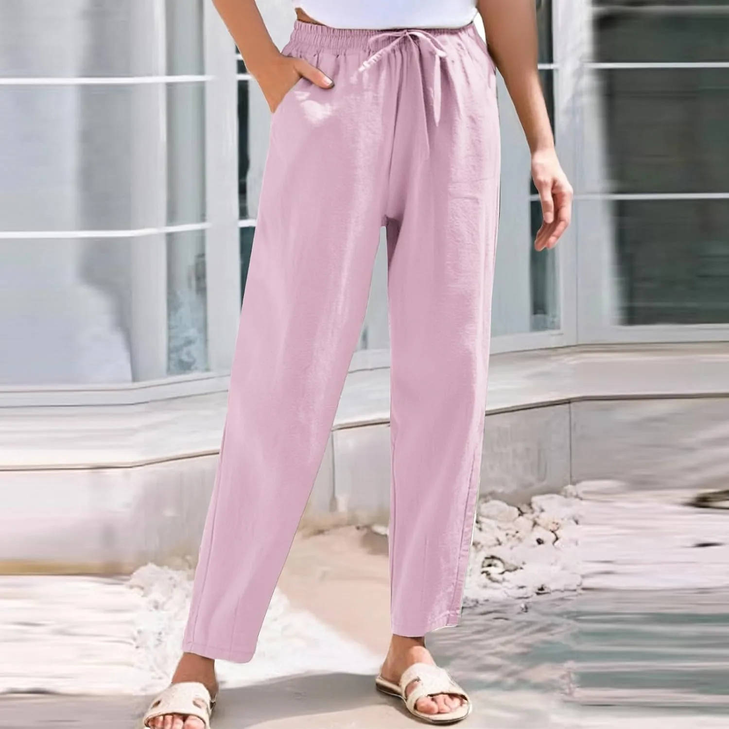 Linen Pants Women Summer Straight Leg Drawstring Palazzo Pants High Elastic Waist Trousers with Pockets