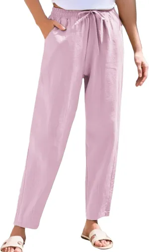 Linen Pants Women Summer Straight Leg Drawstring Palazzo Pants High Elastic Waist Trousers with Pockets