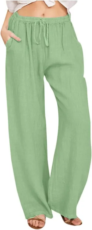 Linen Pants Women Summer,Wide Leg Casual Cotton Linen Pants High Waisted Drawstring Lounge Pants Beach Trousers