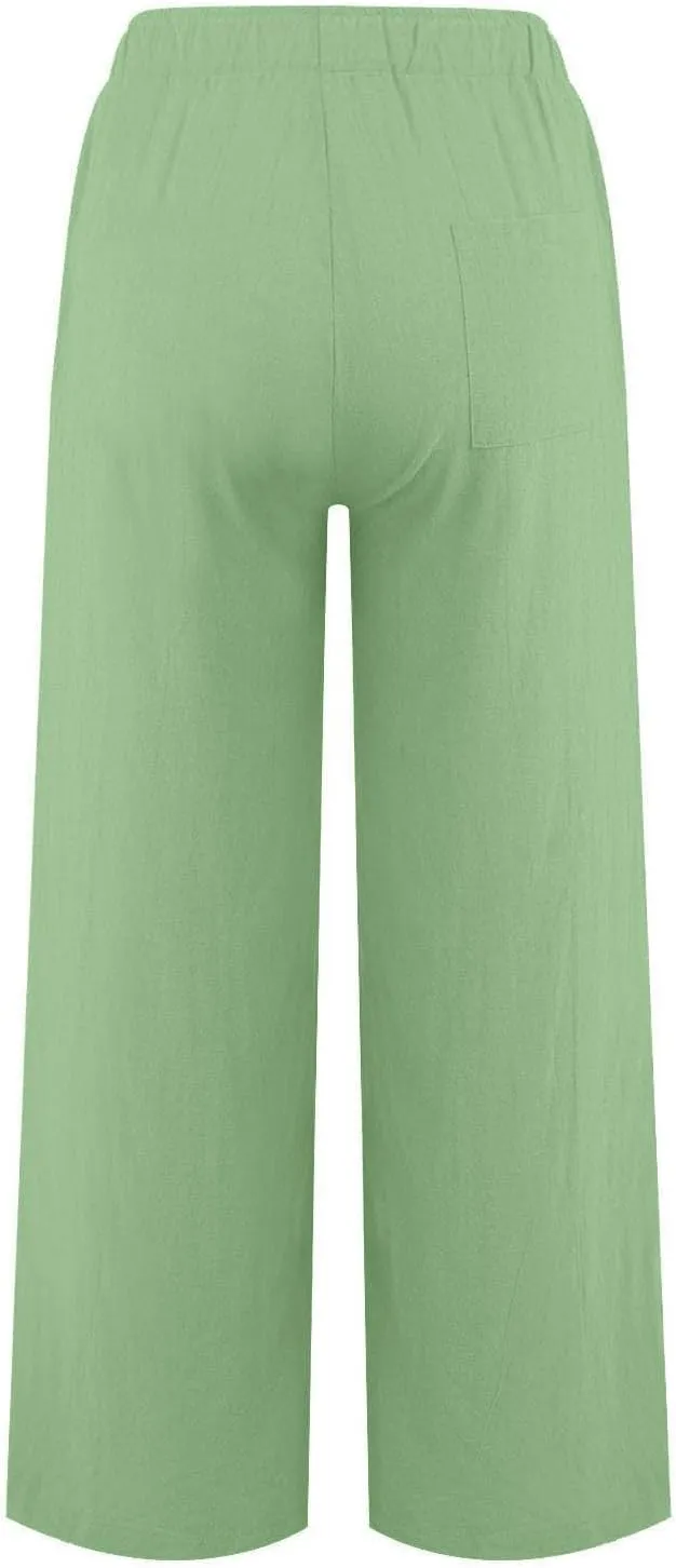 Linen Pants Women Summer,Wide Leg Casual Cotton Linen Pants High Waisted Drawstring Lounge Pants Beach Trousers