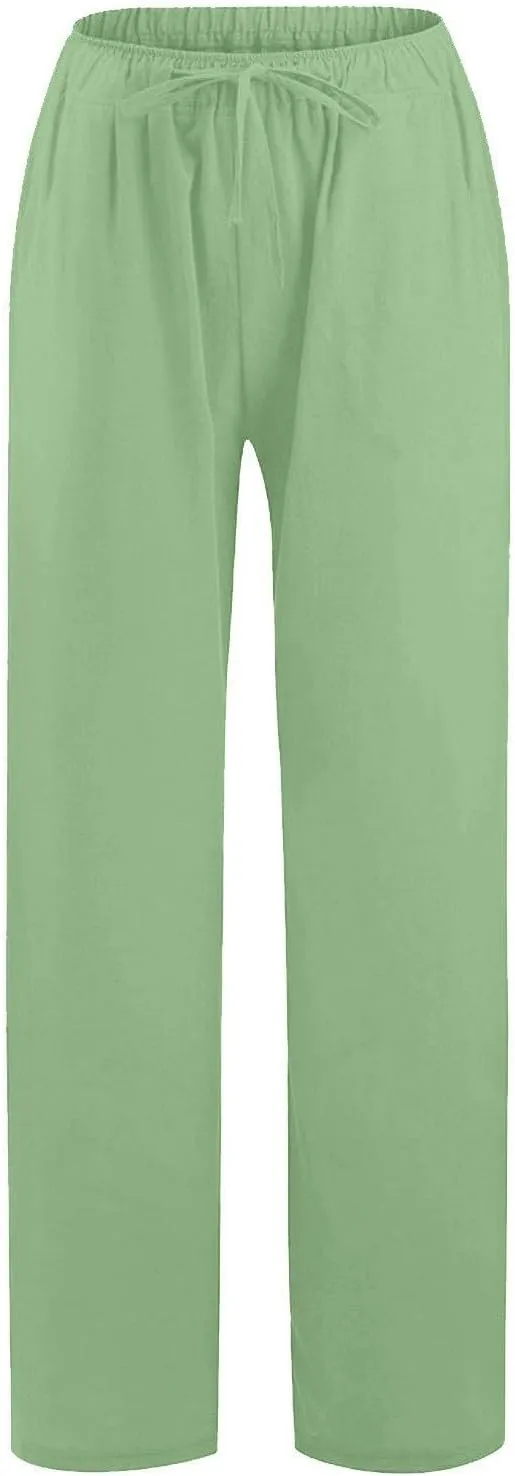 Linen Pants Women Summer,Wide Leg Casual Cotton Linen Pants High Waisted Drawstring Lounge Pants Beach Trousers