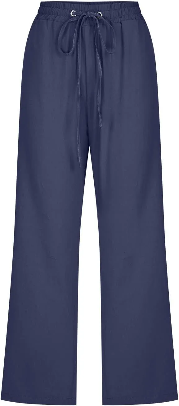 Lmdudan 2025 Capri Pants for Women Summer Drawstring Capris Linen Pants Beach Straight Wide Leg Cropped Trousers with Pockets