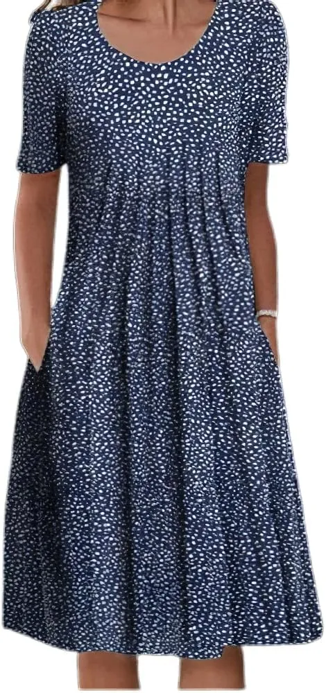 LOAIHA Women's Boho Floral Print Short Sleeve T Shirt Dress Summer Casual Loose Swing Tshirt Midi Dresses with Pockets