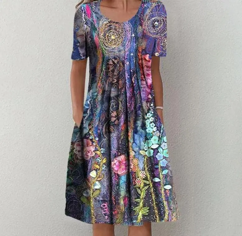 LOAIHA Women's Boho Floral Print Short Sleeve T Shirt Dress Summer Casual Loose Swing Tshirt Midi Dresses with Pockets