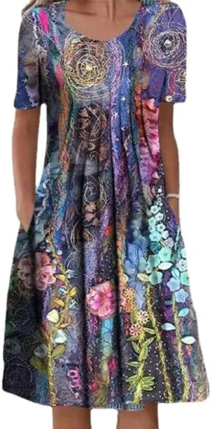 LOAIHA Women's Boho Floral Print Short Sleeve T Shirt Dress Summer Casual Loose Swing Tshirt Midi Dresses with Pockets