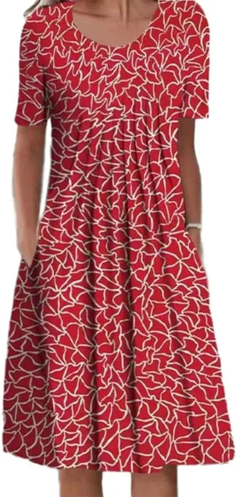 LOAIHA Women's Boho Floral Print Short Sleeve T Shirt Dress Summer Casual Loose Swing Tshirt Midi Dresses with Pockets