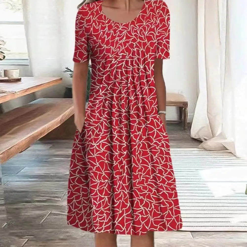 LOAIHA Women's Boho Floral Print Short Sleeve T Shirt Dress Summer Casual Loose Swing Tshirt Midi Dresses with Pockets